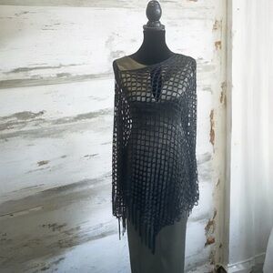 Open Weave Bathing Suit Cover Up / Shawl / Poncho. Metallic Black. New!